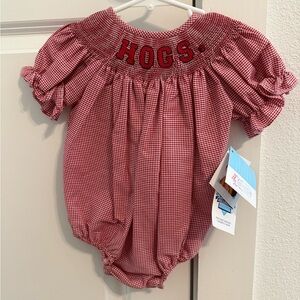 Red Gingham Baby Romper with Hogs Embroidery